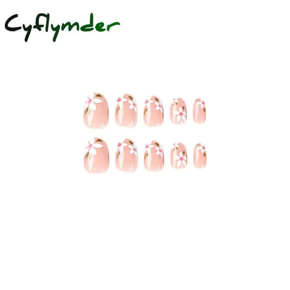 Cyflymder 24pcs Short Almond False Nails Flower Pattern Oval Fake Nails Press on Nails Full Cover Wearable Manicure Acrylic Nail Tips
