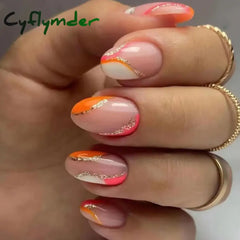 Cyflymder 24pcs Short Almond False Nails Flower Pattern Oval Fake Nails Press on Nails Full Cover Wearable Manicure Acrylic Nail Tips
