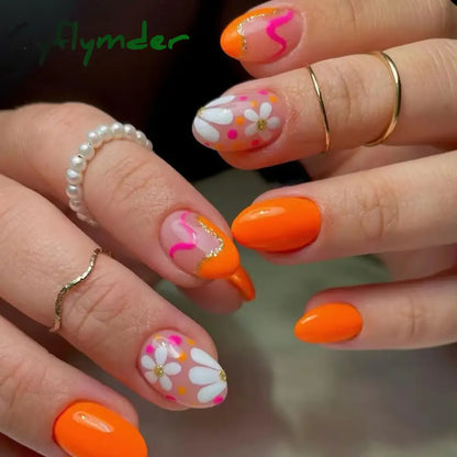 Cyflymder 24pcs Short Almond False Nails Flower Pattern Oval Fake Nails Press on Nails Full Cover Wearable Manicure Acrylic Nail Tips
