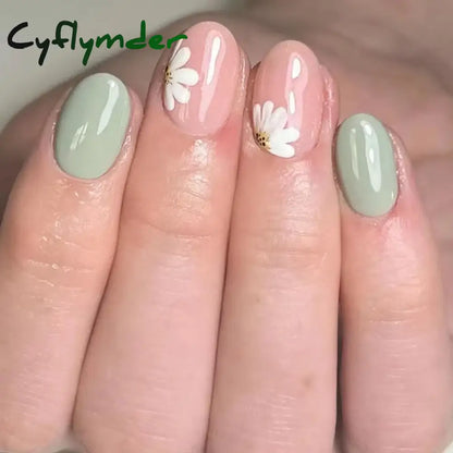 Cyflymder 24pcs Short Almond False Nails Flower Pattern Oval Fake Nails Press on Nails Full Cover Wearable Manicure Acrylic Nail Tips