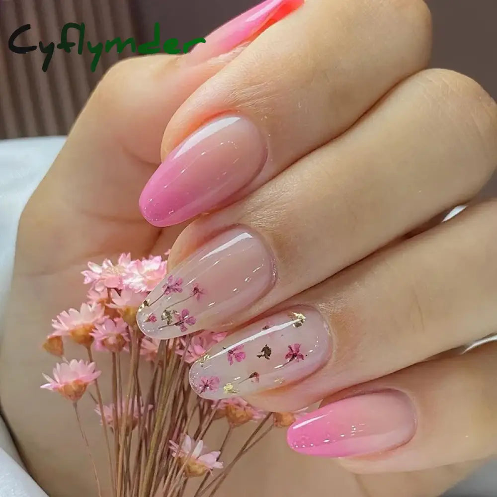 Cyflymder 24pcs Short Almond False Nails Flower Pattern Oval Fake Nails Press on Nails Full Cover Wearable Manicure Acrylic Nail Tips