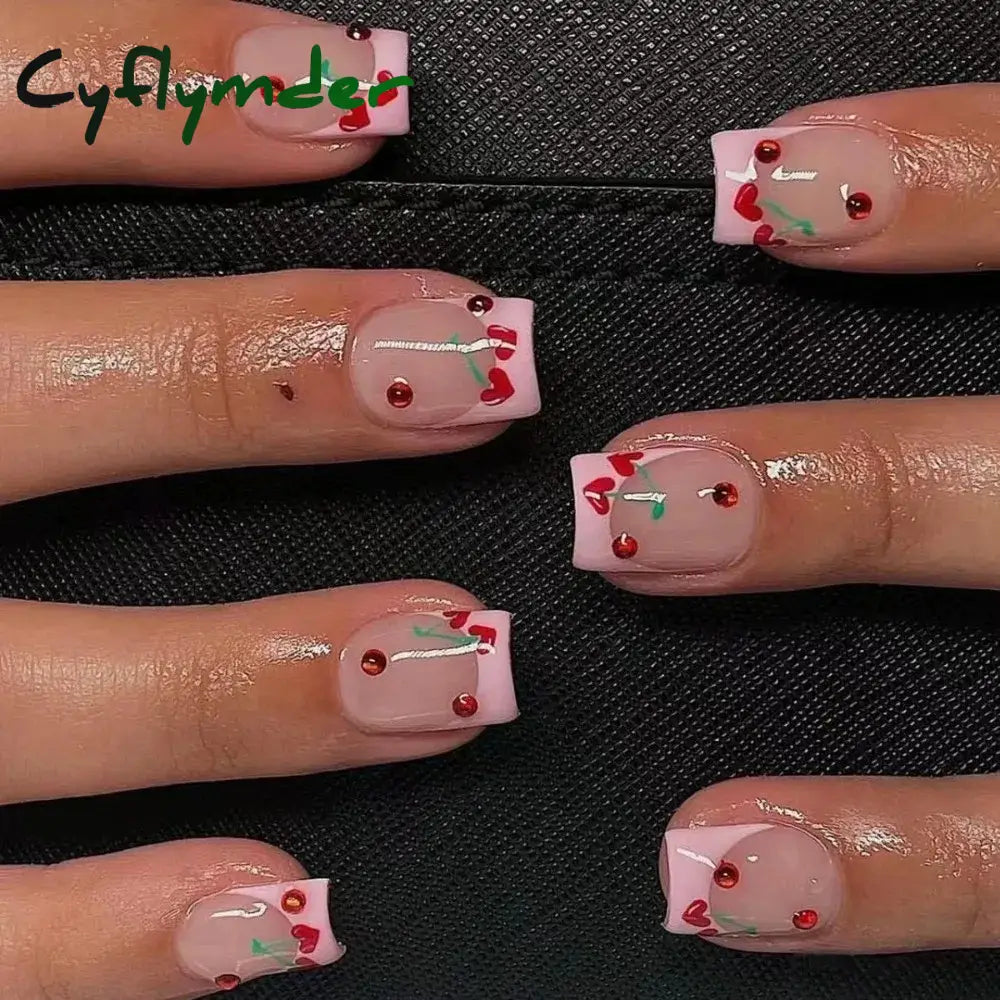 Cyflymder 24pcs Short Square False Nails French Cherry Pink Edge Fake Nails Full Cover Nail Tips Press on Nails Faux Fingernails