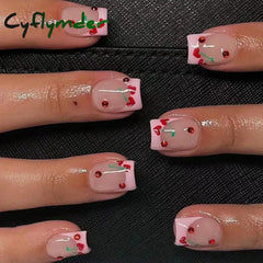 Cyflymder 24pcs Short Square False Nails French Cherry Pink Edge Fake Nails Full Cover Nail Tips Press on Nails Faux Fingernails