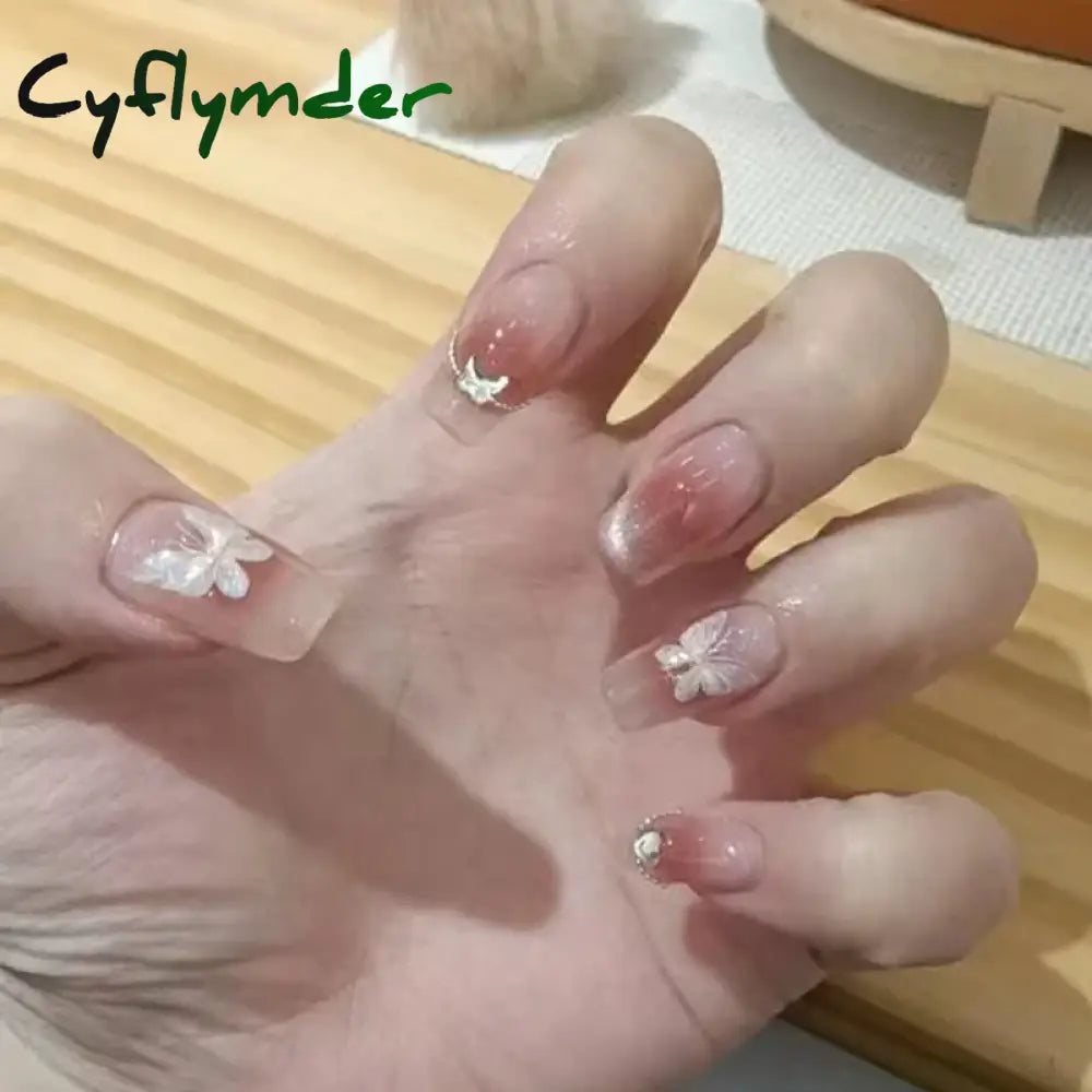 Cyflymder 24Pcs Solid Color Grey Almond Fake Nail Cat's Eye Design Wearable Round Head False Nails with Shiny Powder Press on Nails