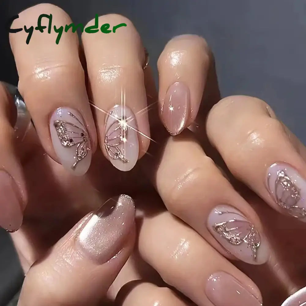 Cyflymder 24Pcs Solid Color Grey Almond Fake Nail Cat's Eye Design Wearable Round Head False Nails with Shiny Powder Press on Nails