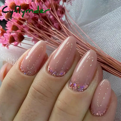 Cyflymder 24Pcs Solid Color Grey Almond Fake Nail Cat's Eye Design Wearable Round Head False Nails with Shiny Powder Press on Nails