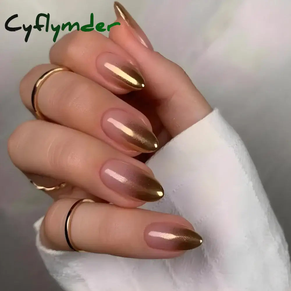 Cyflymder 24Pcs Solid Color Grey Almond Fake Nail Cat's Eye Design Wearable Round Head False Nails with Shiny Powder Press on Nails