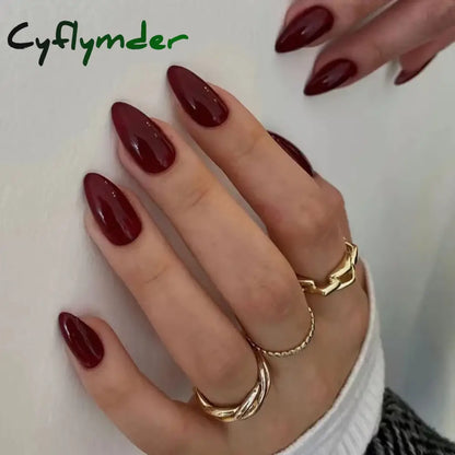 Cyflymder 24Pcs Solid Color Grey Almond Fake Nail Cat's Eye Design Wearable Round Head False Nails with Shiny Powder Press on Nails