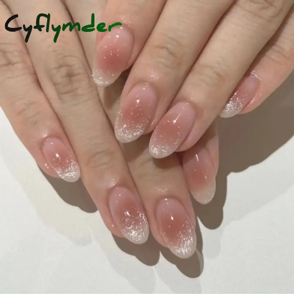 Cyflymder 24Pcs Solid Color Grey Almond Fake Nail Cat's Eye Design Wearable Round Head False Nails with Shiny Powder Press on Nails