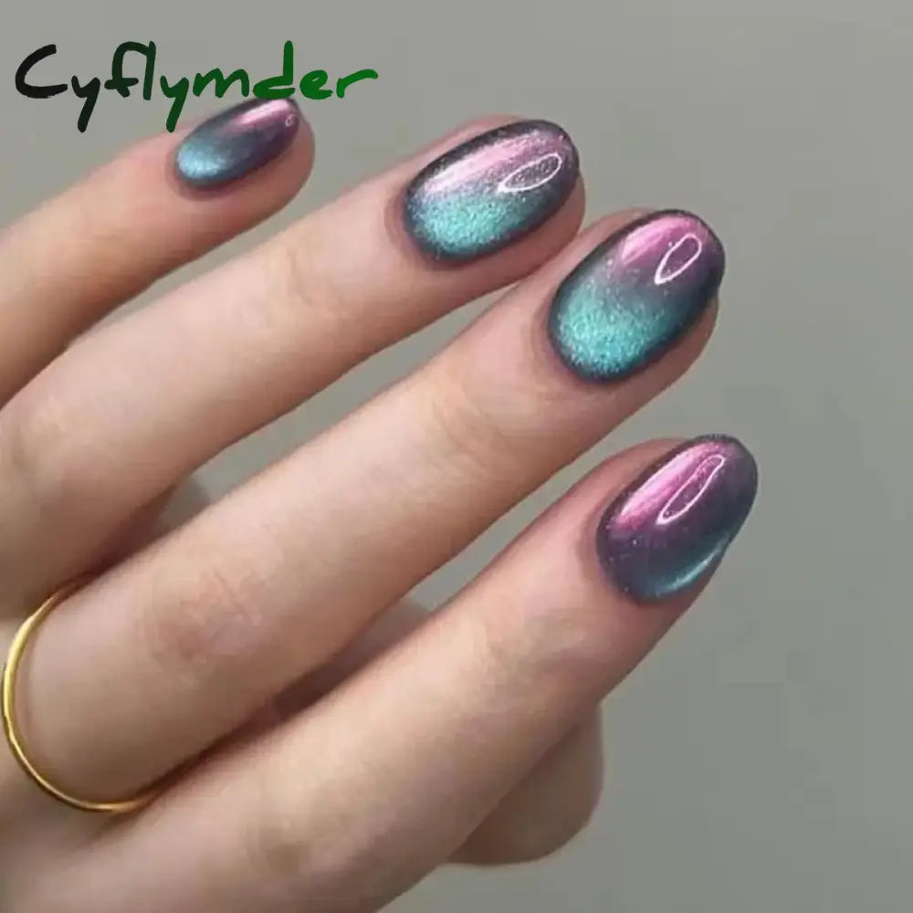 Cyflymder 24Pcs Solid Color Grey Almond Fake Nail Cat's Eye Design Wearable Round Head False Nails with Shiny Powder Press on Nails