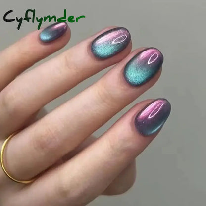 Cyflymder 24Pcs Solid Color Grey Almond Fake Nail Cat's Eye Design Wearable Round Head False Nails with Shiny Powder Press on Nails