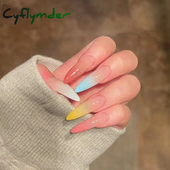 Cyflymder 24Pcs Solid Color Grey Almond Fake Nail Cat's Eye Design Wearable Round Head False Nails with Shiny Powder Press on Nails