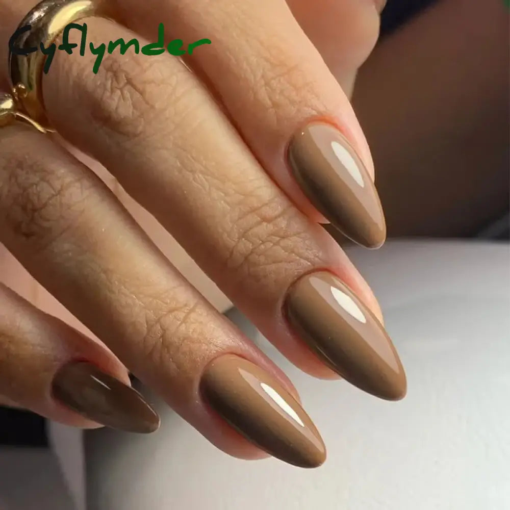Cyflymder 24Pcs Solid Color Grey Almond Fake Nail Cat's Eye Design Wearable Round Head False Nails with Shiny Powder Press on Nails
