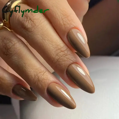 Cyflymder 24Pcs Solid Color Grey Almond Fake Nail Cat's Eye Design Wearable Round Head False Nails with Shiny Powder Press on Nails