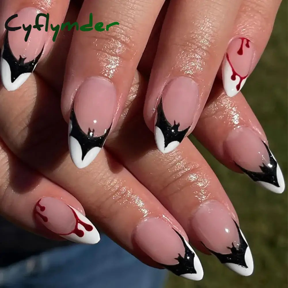 Cyflymder 24Pcs Solid Color Grey Almond Fake Nail Cat's Eye Design Wearable Round Head False Nails with Shiny Powder Press on Nails