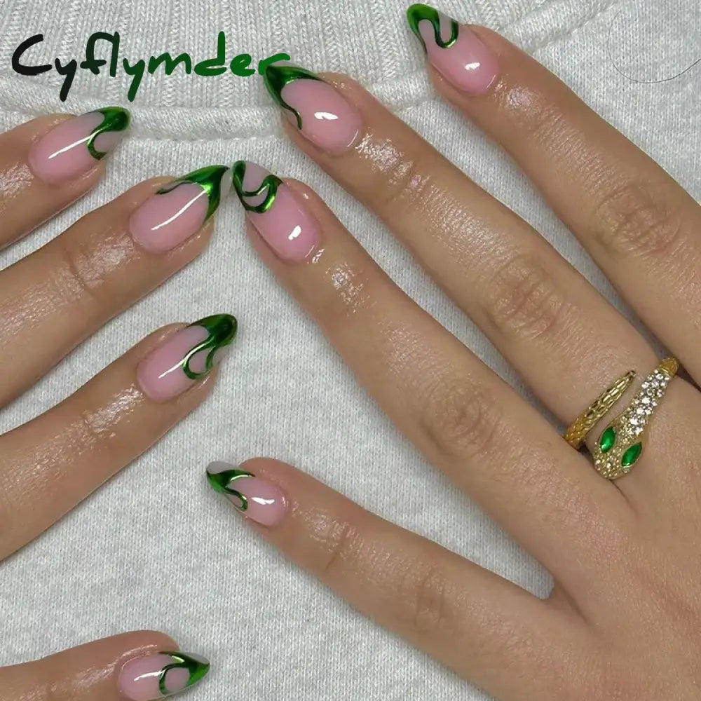 Cyflymder 24Pcs Solid Color Grey Almond Fake Nail Cat's Eye Design Wearable Round Head False Nails with Shiny Powder Press on Nails