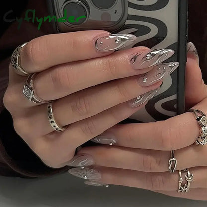 Cyflymder 24Pcs Solid Color Grey Almond Fake Nail Cat's Eye Design Wearable Round Head False Nails with Shiny Powder Press on Nails