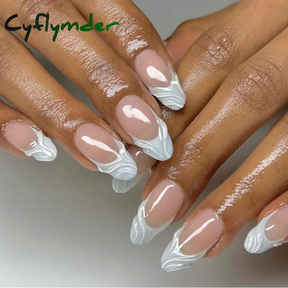 Cyflymder 24Pcs Solid Color Grey Almond Fake Nail Cat's Eye Design Wearable Round Head False Nails with Shiny Powder Press on Nails