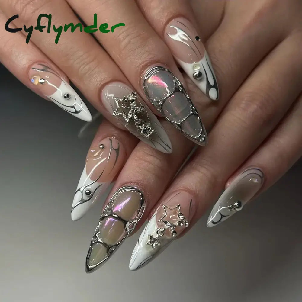 Cyflymder 24Pcs Solid Color Grey Almond Fake Nail Cat's Eye Design Wearable Round Head False Nails with Shiny Powder Press on Nails