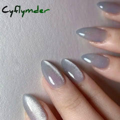 Cyflymder 24Pcs Solid Color Grey Almond Fake Nail Cat's Eye Design Wearable Round Head False Nails with Shiny Powder Press on Nails