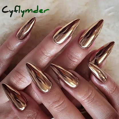 Cyflymder 24Pcs Solid Color Grey Almond Fake Nail Cat's Eye Design Wearable Round Head False Nails with Shiny Powder Press on Nails