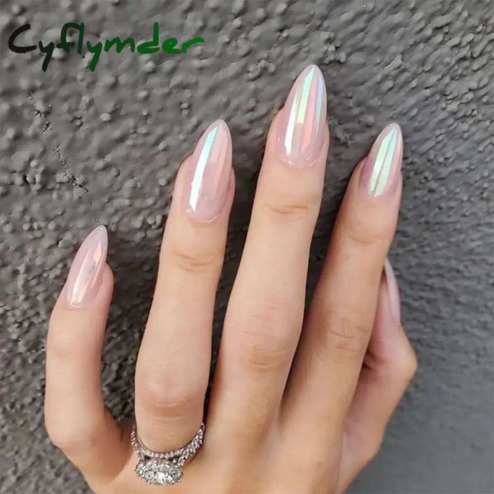 Cyflymder 24Pcs Solid Color Grey Almond Fake Nail Cat's Eye Design Wearable Round Head False Nails with Shiny Powder Press on Nails