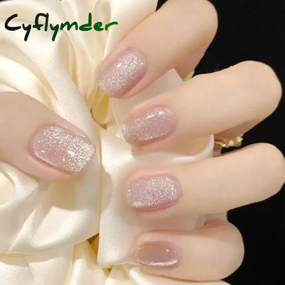 Cyflymder 24Pcs Solid Color Grey Almond Fake Nail Cat's Eye Design Wearable Round Head False Nails with Shiny Powder Press on Nails