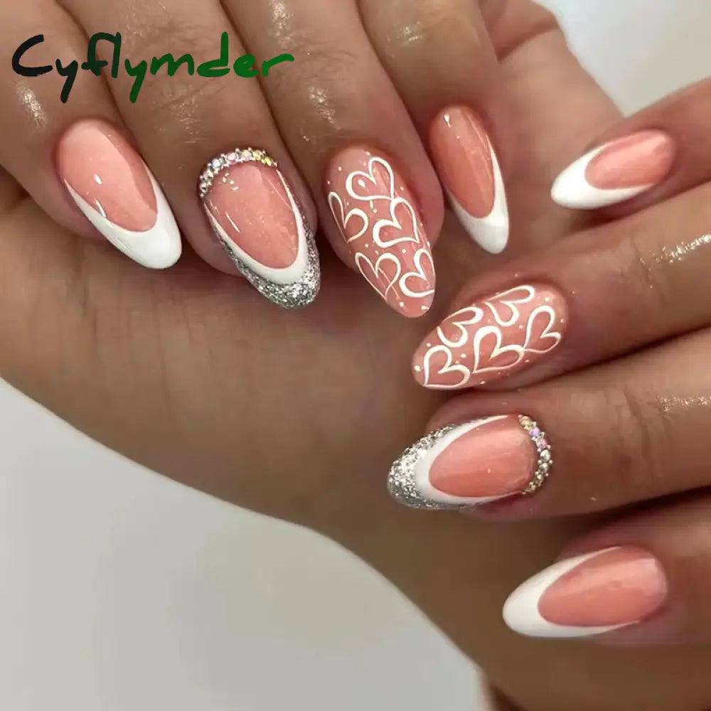 Cyflymder 24Pcs Solid Color Grey Almond Fake Nail Cat's Eye Design Wearable Round Head False Nails with Shiny Powder Press on Nails