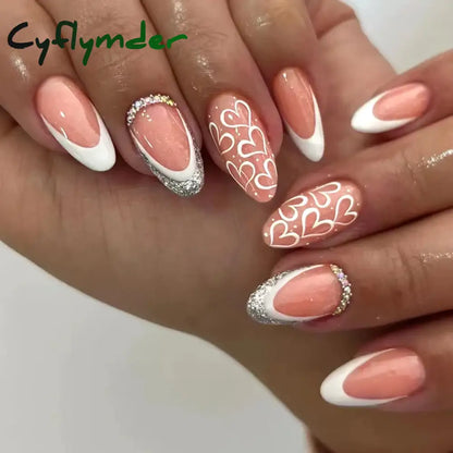 Cyflymder 24Pcs Solid Color Grey Almond Fake Nail Cat's Eye Design Wearable Round Head False Nails with Shiny Powder Press on Nails