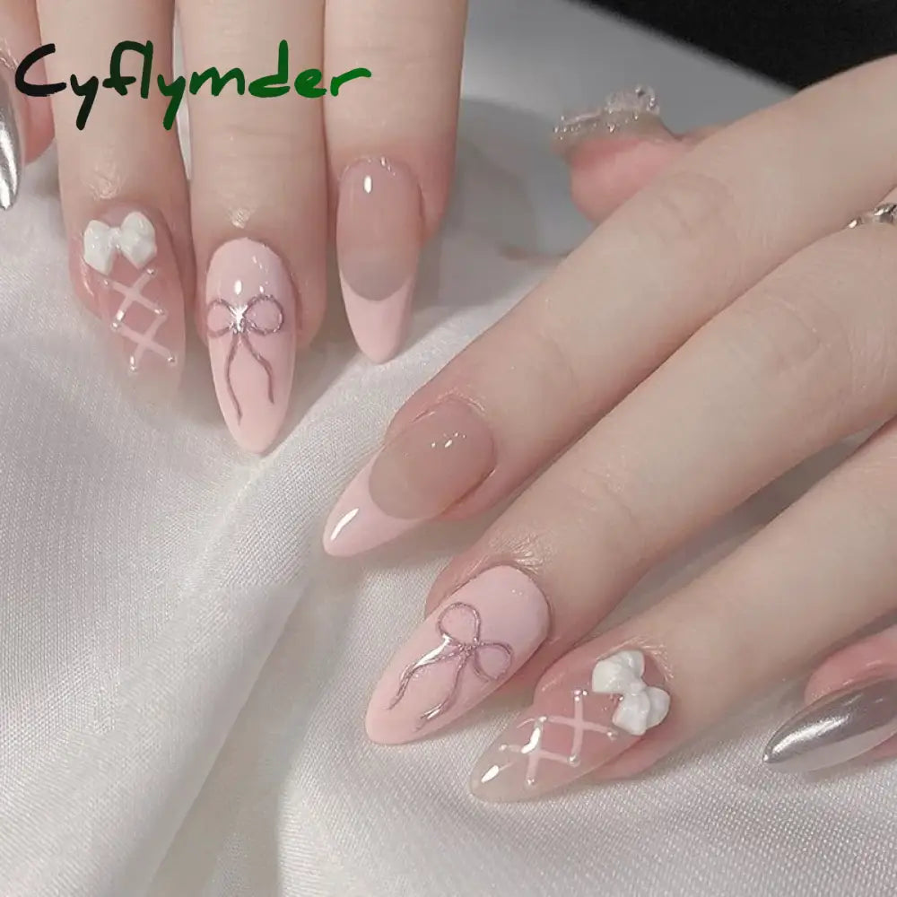 Cyflymder 24Pcs Solid Color Grey Almond Fake Nail Cat's Eye Design Wearable Round Head False Nails with Shiny Powder Press on Nails