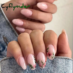 Cyflymder 24Pcs Solid Color Grey Almond Fake Nail Cat's Eye Design Wearable Round Head False Nails with Shiny Powder Press on Nails
