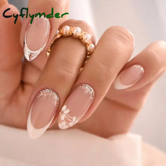 Cyflymder 24Pcs Solid Color Grey Almond Fake Nail Cat's Eye Design Wearable Round Head False Nails with Shiny Powder Press on Nails