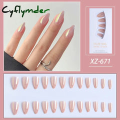 Cyflymder 24pcs Stiletto Aurora Fake Nails Set Press On Short Almond Nails Wearable False Nails With Glitter Designs Full Cover Nail Tips