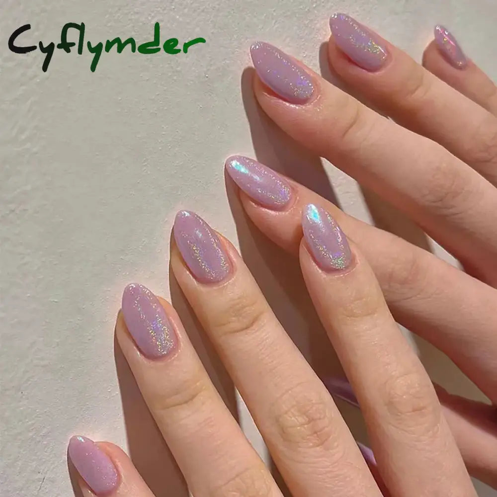 Cyflymder 24pcs Stiletto Aurora Fake Nails Set Press On Short Almond Nails Wearable False Nails With Glitter Designs Full Cover Nail Tips
