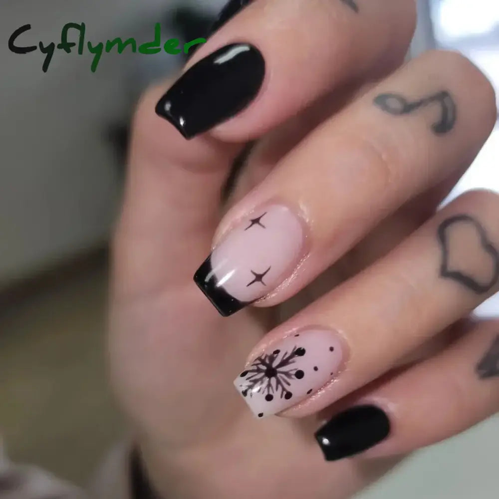 Cyflymder 24Pcs Wearable French Fake Nails with Glue Simple Square Head False Nails White Edge Design Short Full Cover Nails Set Press On