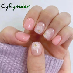 Cyflymder 24Pcs White Ice Camellia Short False Nails Art Light Pink Sweet Girls Acrylic Press on Nails Full Cover Removable Fake Nail Set