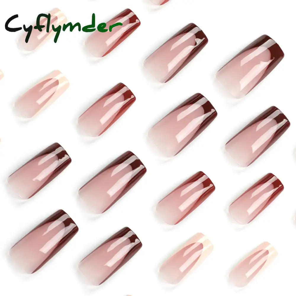 Cyflymder Fashion Simple Brown Nude French Long Square Fake Nails Detachable Full Cover Finished False Nails Press on Nails with Glue