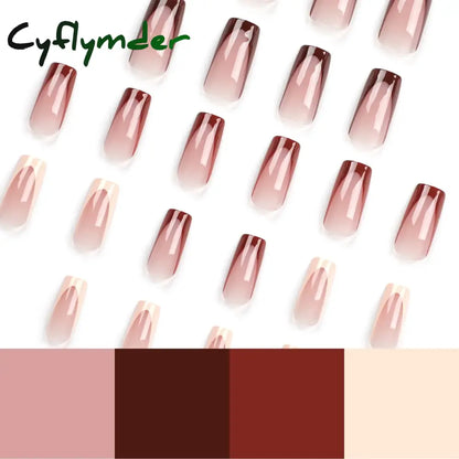 Cyflymder Fashion Simple Brown Nude French Long Square Fake Nails Detachable Full Cover Finished False Nails Press on Nails with Glue