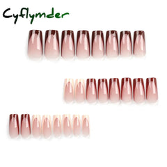 Cyflymder Fashion Simple Brown Nude French Long Square Fake Nails Detachable Full Cover Finished False Nails Press on Nails with Glue