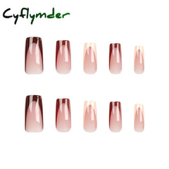 Cyflymder Fashion Simple Brown Nude French Long Square Fake Nails Detachable Full Cover Finished False Nails Press on Nails with Glue