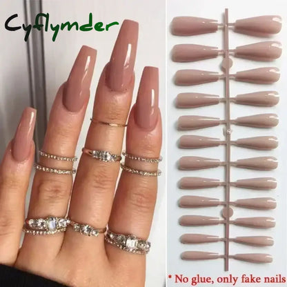 Cyflymder Fashion Simple Brown Nude French Long Square Fake Nails Detachable Full Cover Finished False Nails Press on Nails with Glue