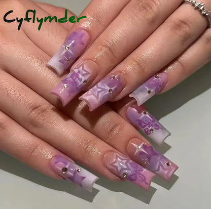 Cyflymder Fashion Simple Brown Nude French Long Square Fake Nails Detachable Full Cover Finished False Nails Press on Nails with Glue