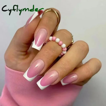 Cyflymder Fashion Simple Brown Nude French Long Square Fake Nails Detachable Full Cover Finished False Nails Press on Nails with Glue