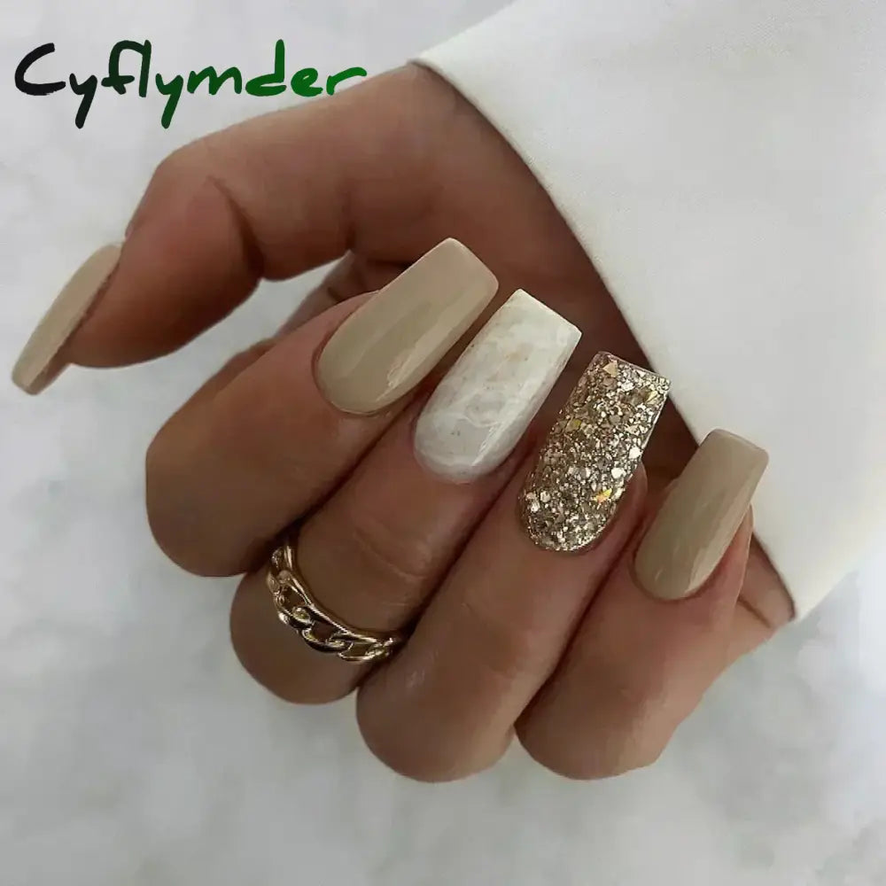 Cyflymder Fashion Simple Brown Nude French Long Square Fake Nails Detachable Full Cover Finished False Nails Press on Nails with Glue