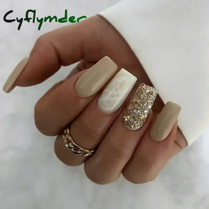 Cyflymder Fashion Simple Brown Nude French Long Square Fake Nails Detachable Full Cover Finished False Nails Press on Nails with Glue