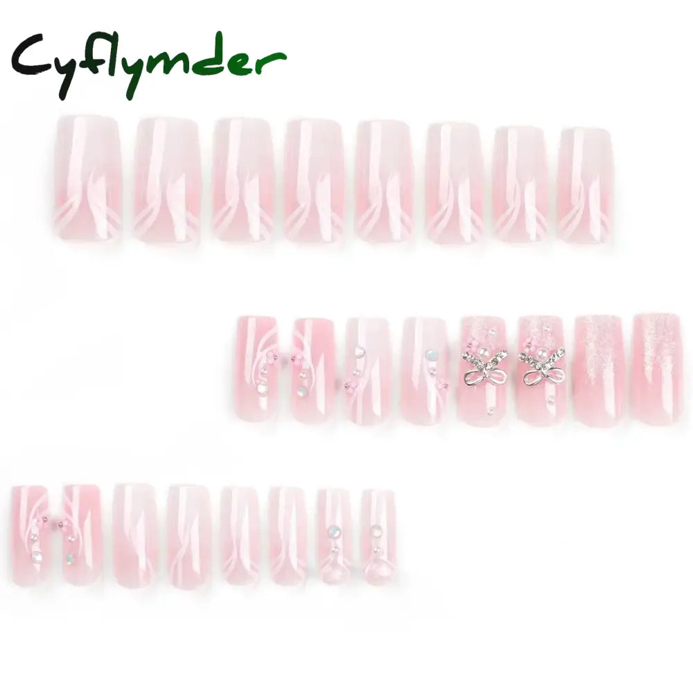 Cyflymder Fashion Simple Brown Nude French Long Square Fake Nails Detachable Full Cover Finished False Nails Press on Nails with Glue