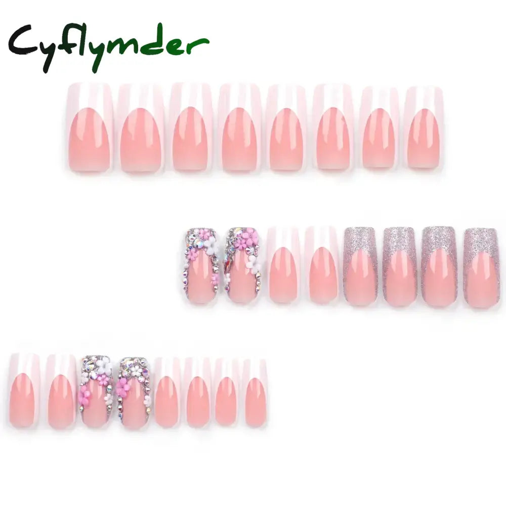 Cyflymder Fashion Simple Brown Nude French Long Square Fake Nails Detachable Full Cover Finished False Nails Press on Nails with Glue