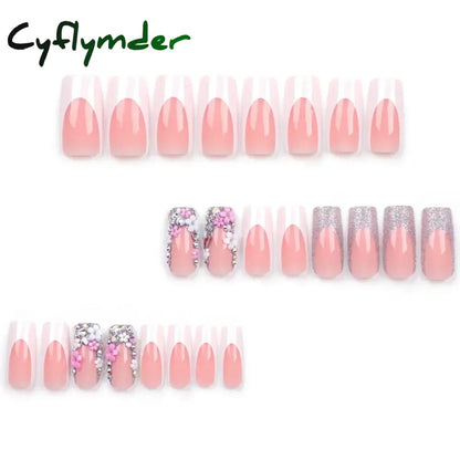 Cyflymder Fashion Simple Brown Nude French Long Square Fake Nails Detachable Full Cover Finished False Nails Press on Nails with Glue