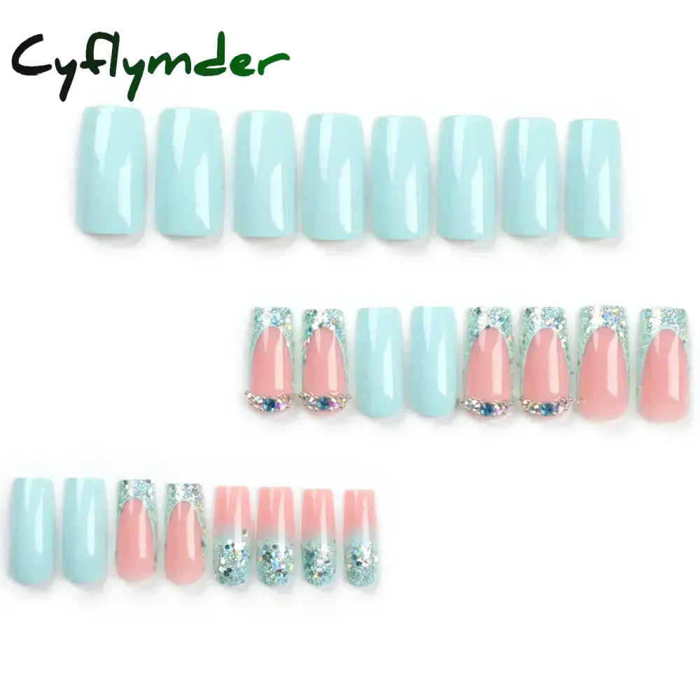 Cyflymder Fashion Simple Brown Nude French Long Square Fake Nails Detachable Full Cover Finished False Nails Press on Nails with Glue