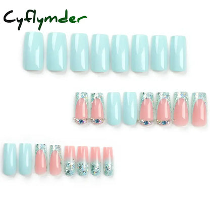 Cyflymder Fashion Simple Brown Nude French Long Square Fake Nails Detachable Full Cover Finished False Nails Press on Nails with Glue